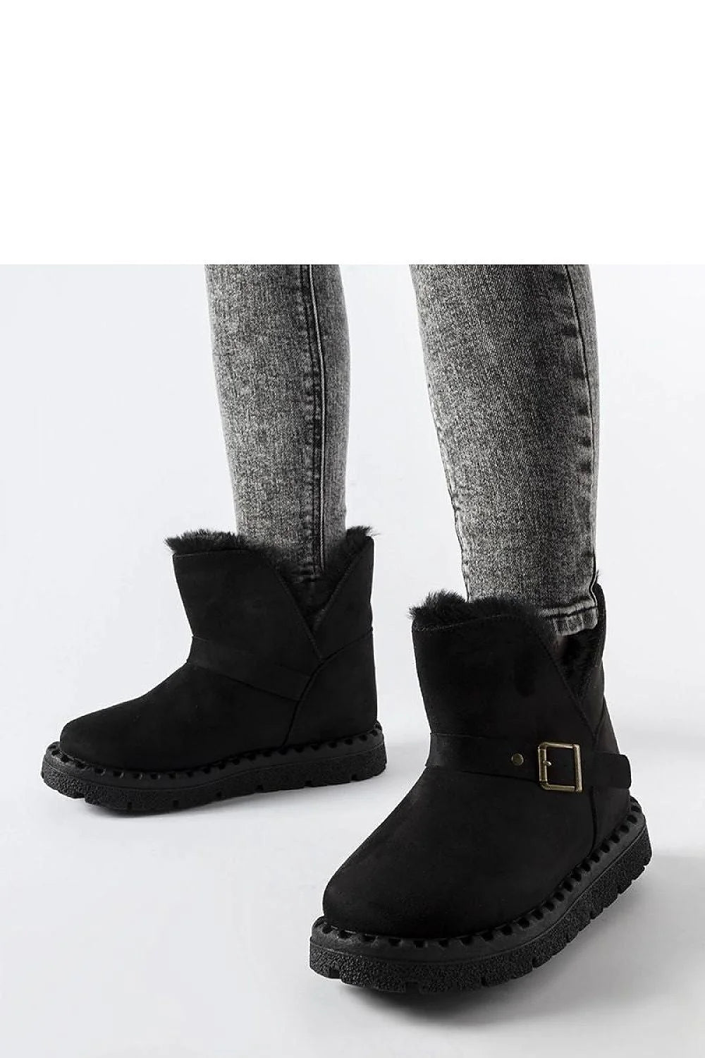 Bottines de neige pour femmes style Chelsea en suède noir doublure fourrure synthétique talon compensé boucle dorée