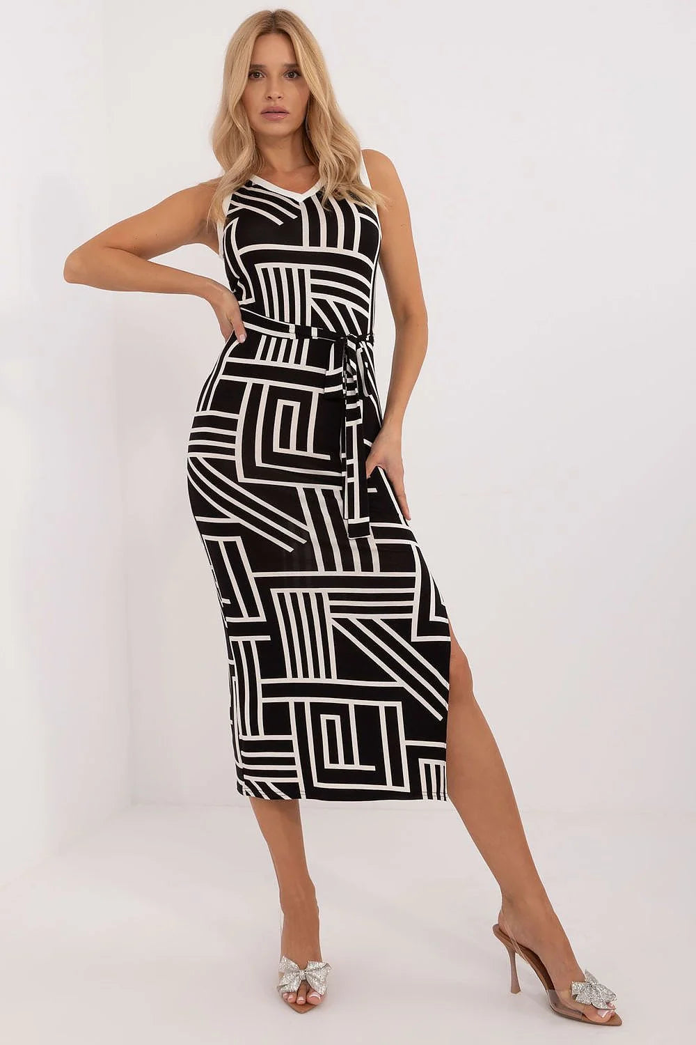 Robe sans manches midi Lakerta motif géométrique encolure en V ceinture ajustable viscose élasthanne femme élégance moderne