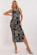 Robe sans manches midi Lakerta motif géométrique encolure en V ceinture ajustable viscose élasthanne femme élégance moderne