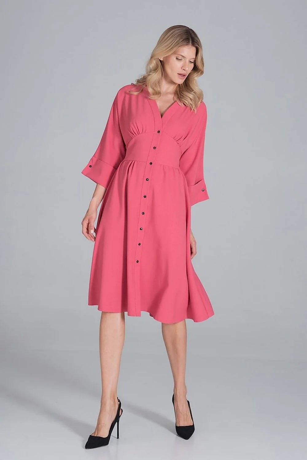 Robe midi polyester élégante rose vive manches trois-quarts boutons col V femme mode chic