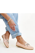 Moccasins pour femme style classique moderne, cuir synthétique, beige rosé, détails argentés, semelle élastique, confort tout le jour