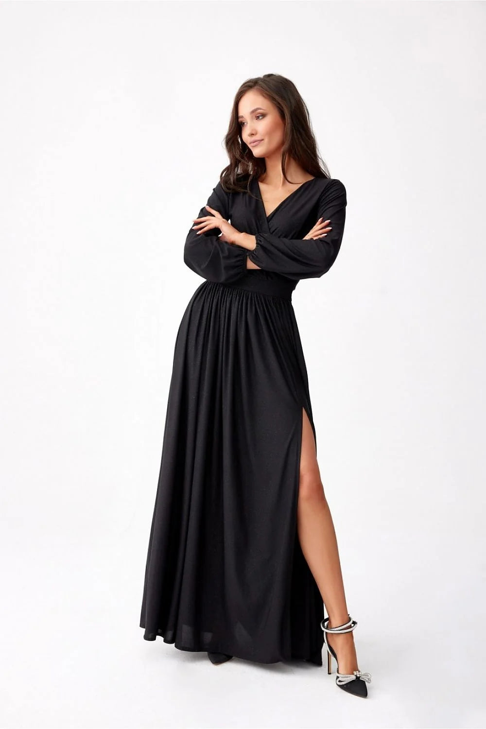 Robe longue élégante noire pailletée en brocart V-neck manches longues taille ajustée fente haute soirée femme