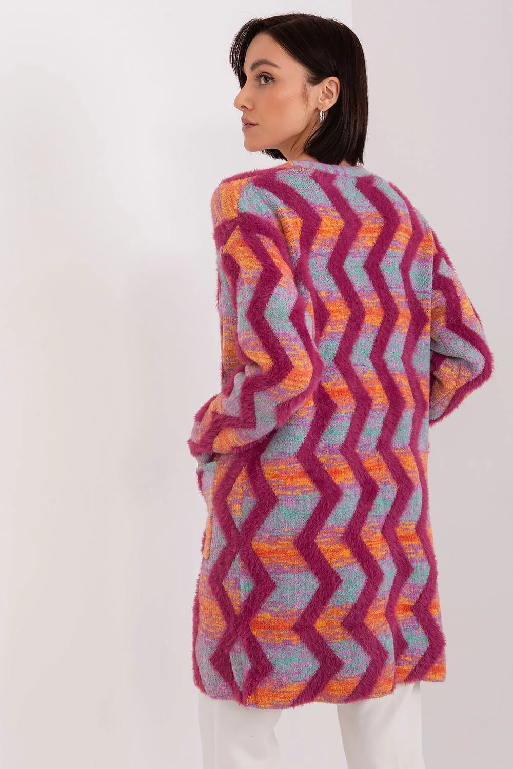 Cardigan audacieux pour femmes motifs zigzag coloré veste ouverte style décontracté longue manches longues col V