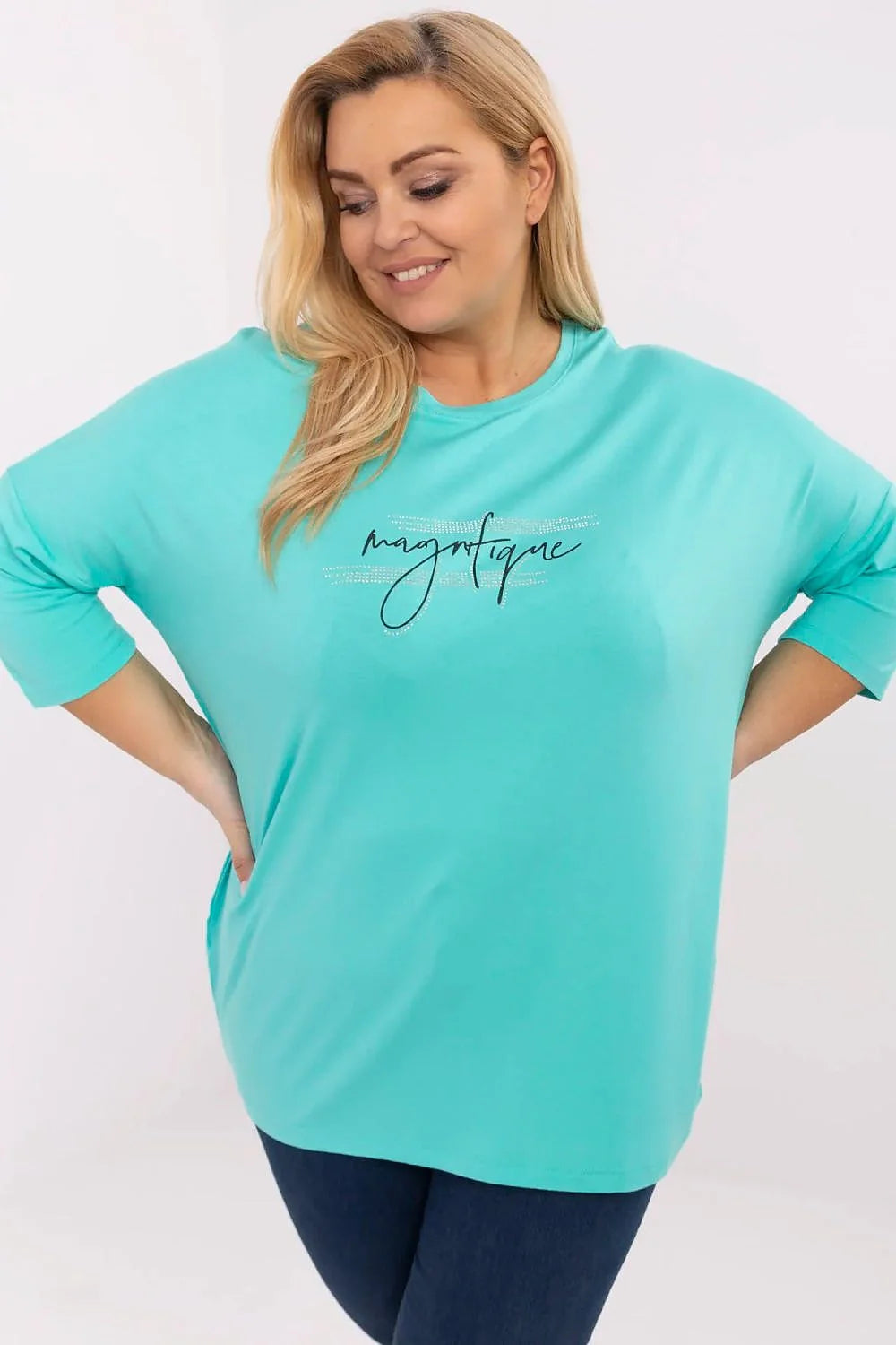 T-shirt à manches longues casual femmes turquoise vibrant inscription 'magnifique' typographie manuscrite