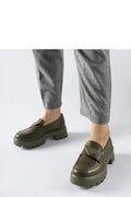 Mocassins Solea femme cuir écologique kaki olive plateforme crantée semelle bout rond bride penny talon bloc confortable durable urbain élégant