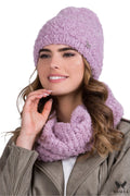 Ensemble tricoté bonnet écharpe femme style Moderne couleur Lilas matériau laine bouclée logo métallique