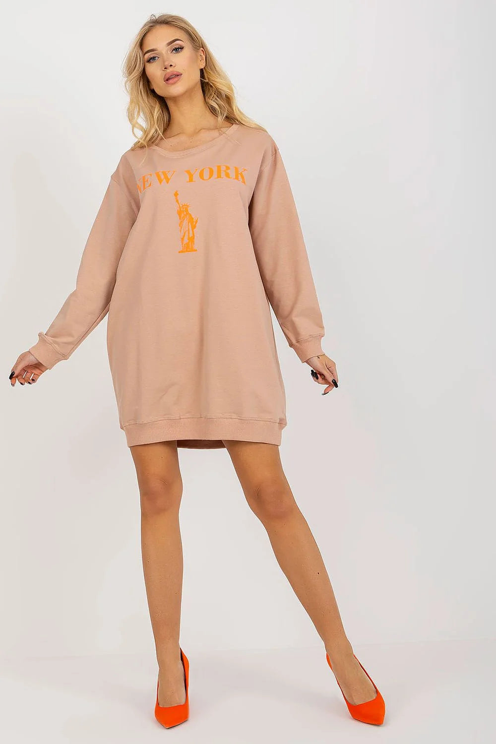 Sweatshirt Femme Oversize en Coton Poly Élasthanne Design Moderne Logo New York Statue de Liberté Longue Manches Côtelées