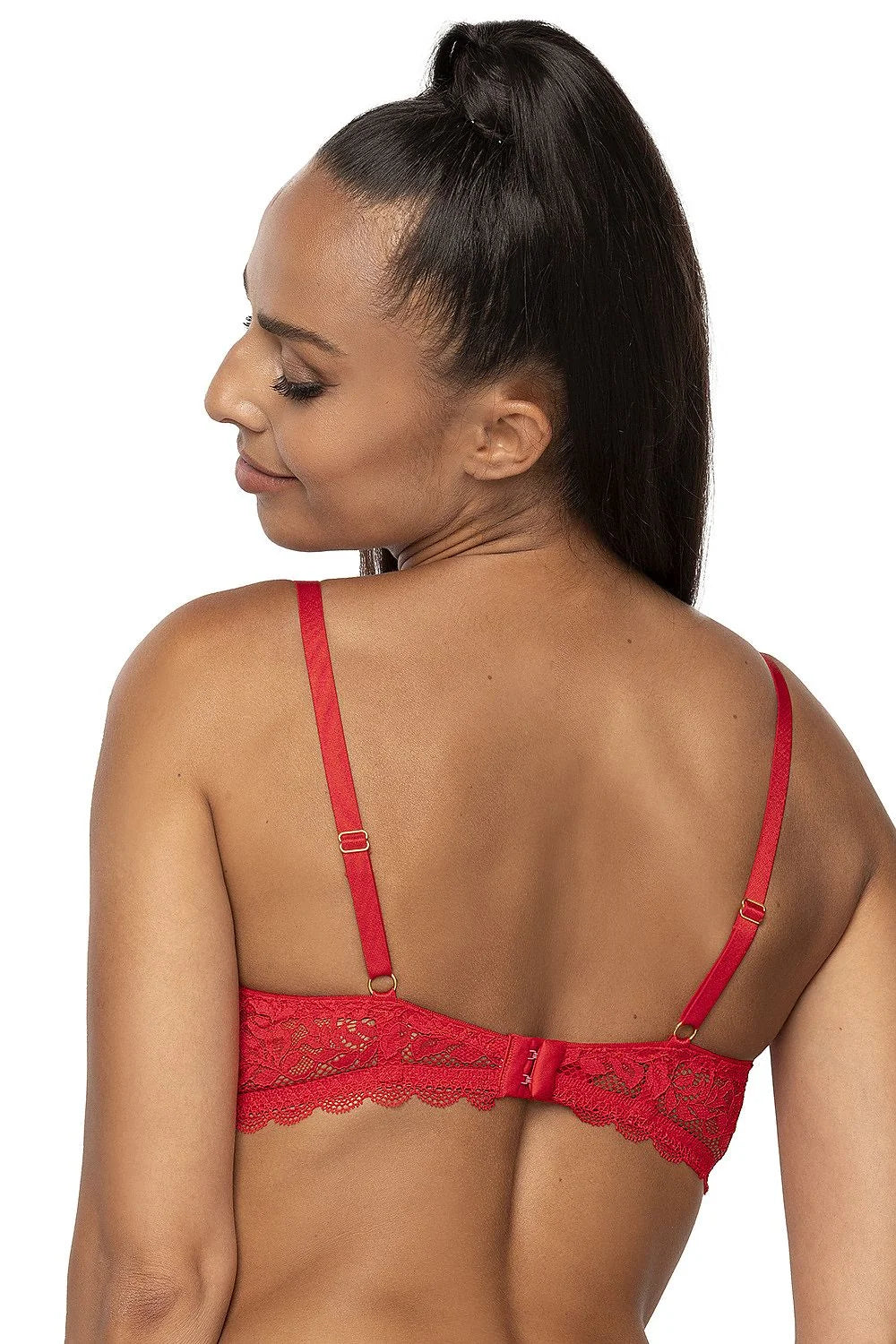 Soutien-gorge push-up en dentelle florale rouge, matelassé, bretelles ajustables, fermeture dos, couleur rouge vif, lingerie féminine élégante