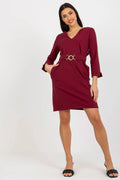 Robe de jour élégante Och Bella manches 3/4 encolure en V ceinture intégrée poches latérales coton élasthanne Bordeaux femmes