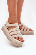 sandales femme écodaim beige plateforme 5cm compensée crantée brides multiples velcro réglable semelle intérieure rembourrée maintien coutures apparentes casual chic