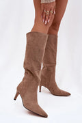 bottes hautes femme suédine taupe daim tige mi mollet froncée bout pointu talon aiguille bas élégante doublure fourrure chaude veloutée