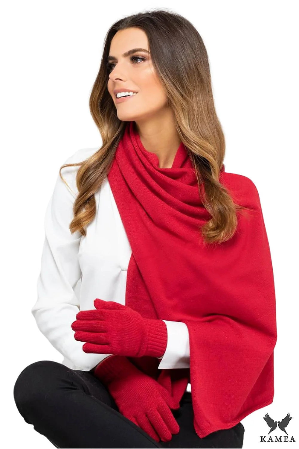 écharpe châle Kamea rouge vif longue large douce soyeuse viscose polonaise qualité européenne chaude maille fine gants assortis