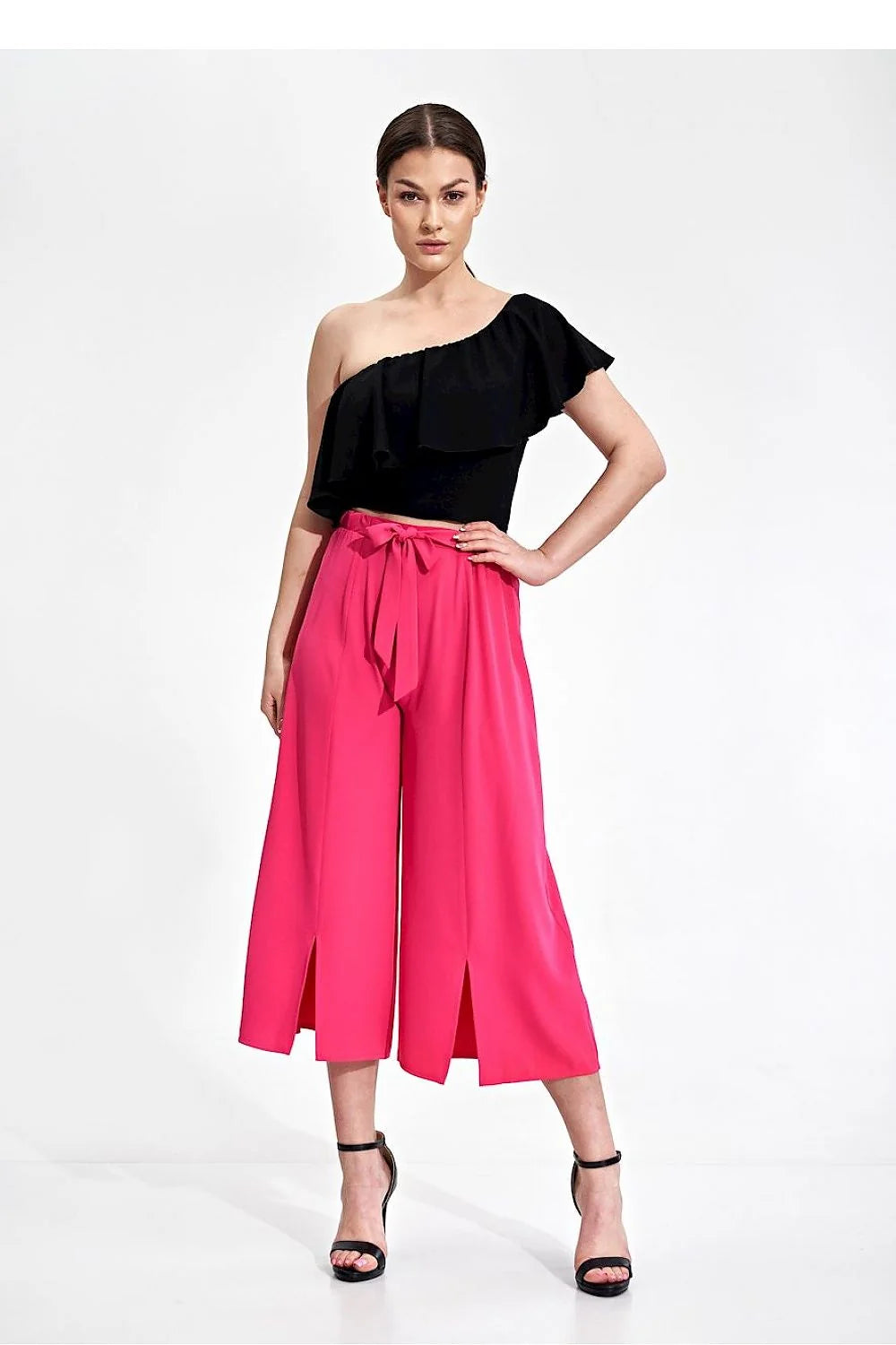 Pantalon femme Figl asymétrique culotte vert vif ceinture nouée coupe ample polyester 100% taille ajustable occasion élégante