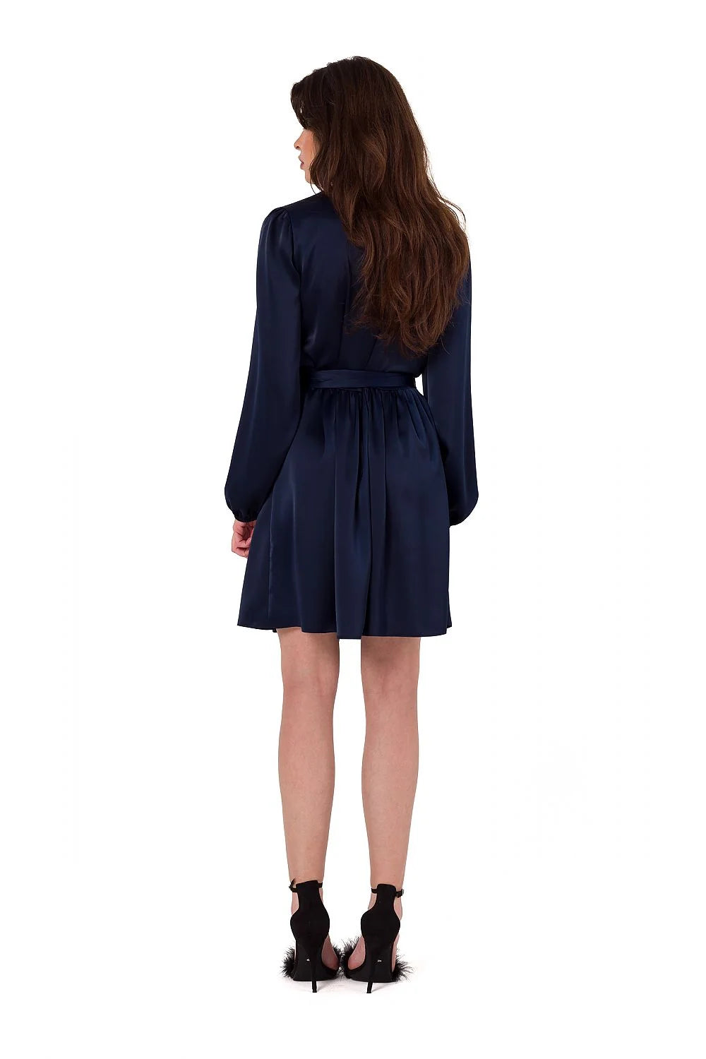 Robe de soirée élégante bleu marine portefeuille décolleté V croisé ceinture taille manches longues élastiques