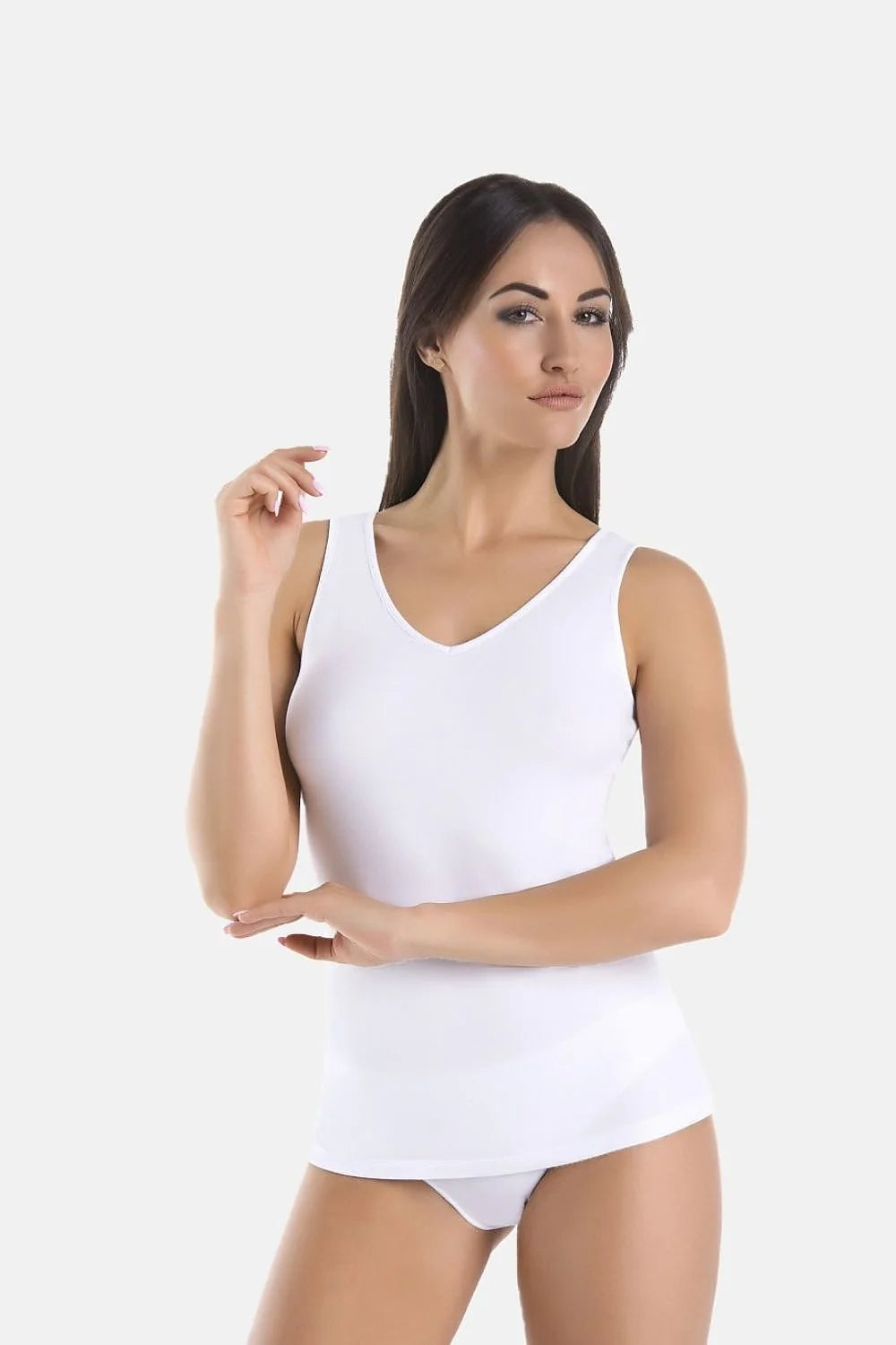 ensemble chemisiers femme noir blanc coton stretch lycra doux respirant ajusté moulant décolleté V larges bretelles hanches finition soignée