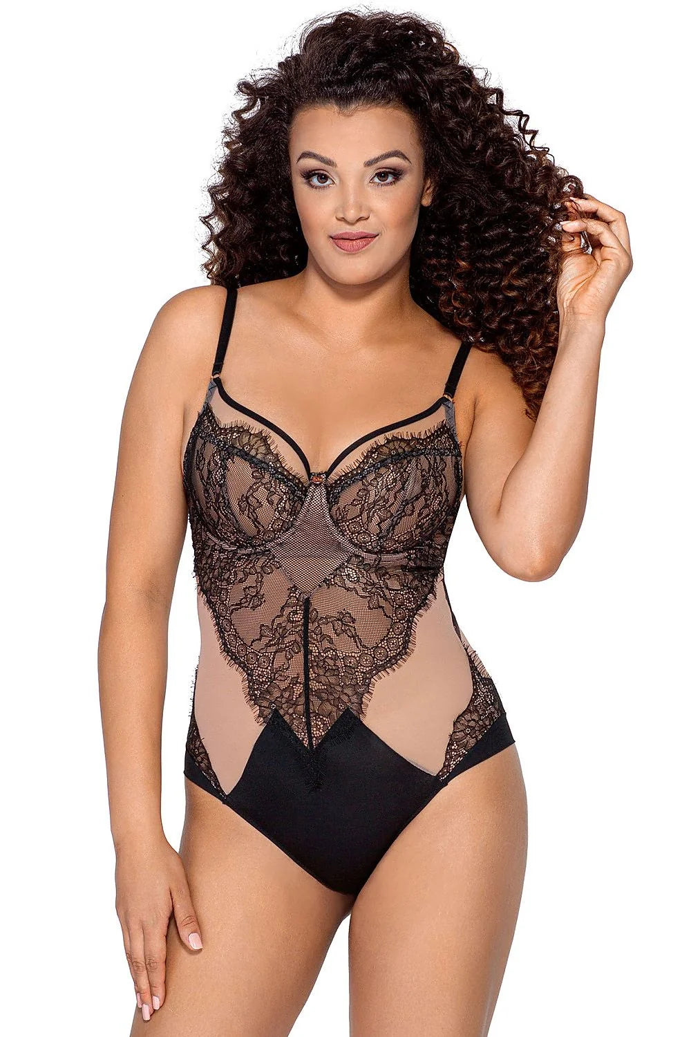 Body féminin élégant en dentelle noire et maille nude ajustable bonnets armés bretelles réglables occasions spéciales femme