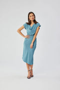 Robe de cocktail Stylove bleu clair longue encolure drapée ceinture assortie manches courtes lâches pour femmes élégance soirée
