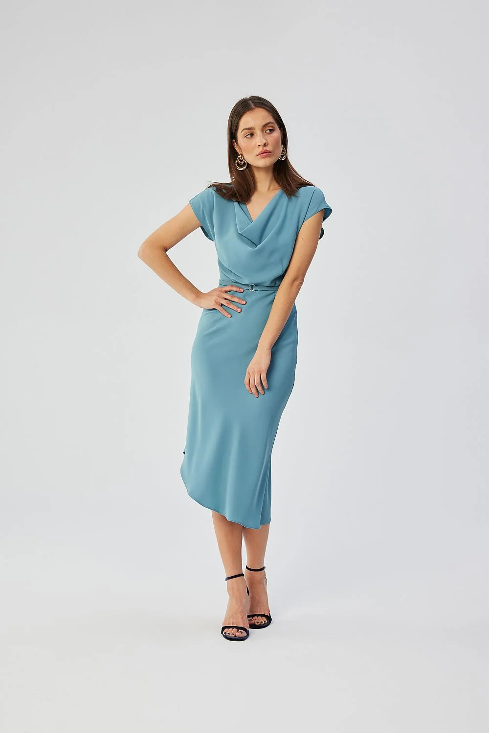Robe de cocktail Stylove bleu clair longue encolure drapée ceinture assortie manches courtes lâches pour femmes élégance soirée