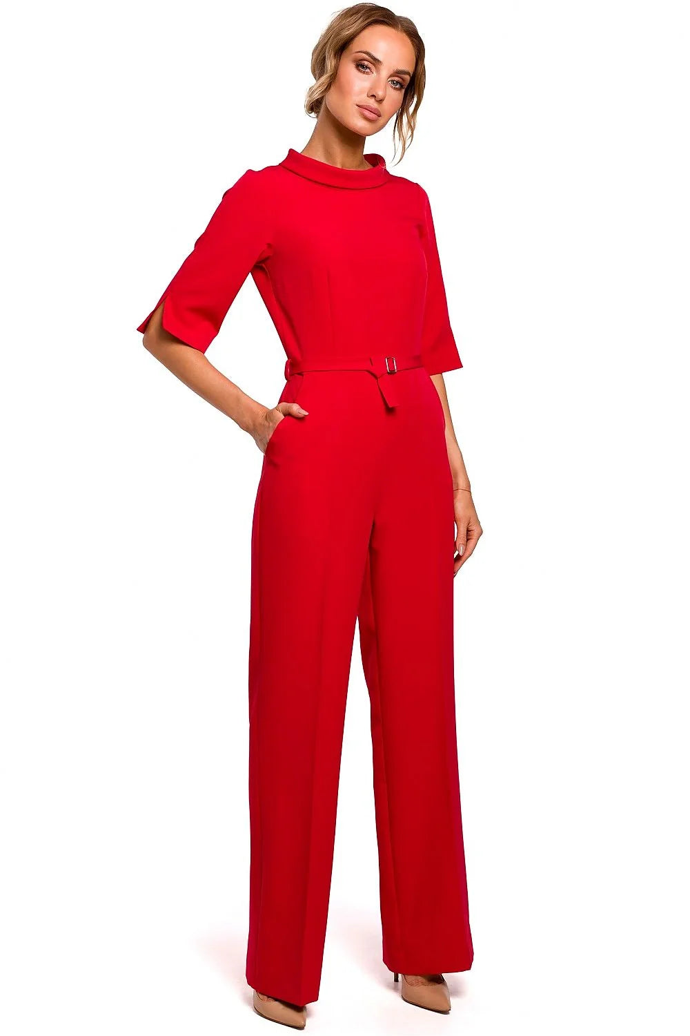 combinaison noire élégante moderne coupe droite jambes larges taille marquée ceinture manches trois quarts poches latérales polyester stretch