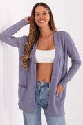 cardigan femme gilet ouvert maille fine chinée lilas violet coupe relaxed manches longues bords côtelés poches plaquées léger fluide confortable