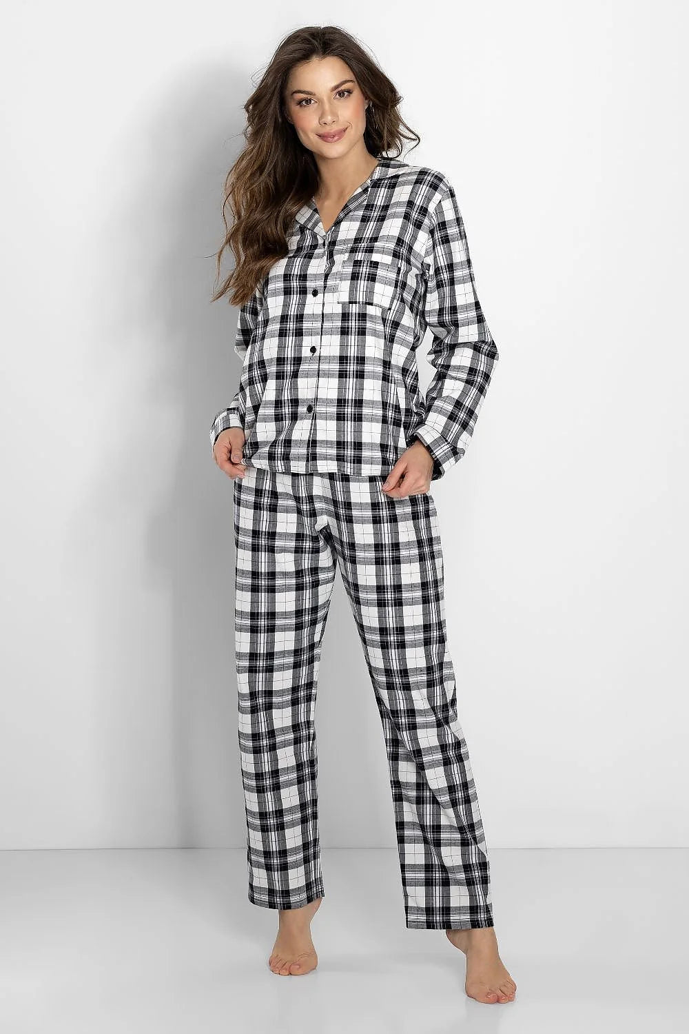 pyjama femme classique flanelle polonaise confortable chaud doux oversize chemise pantalon carreaux noir blanc gris tartan manches longues col revers