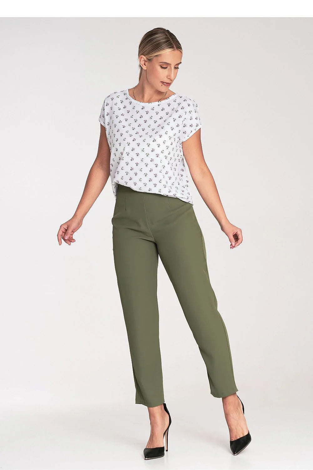 Chemisier à manches courtes en polyester élasthanne floral blanc femme coupe droite encolure ronde fermeture dos