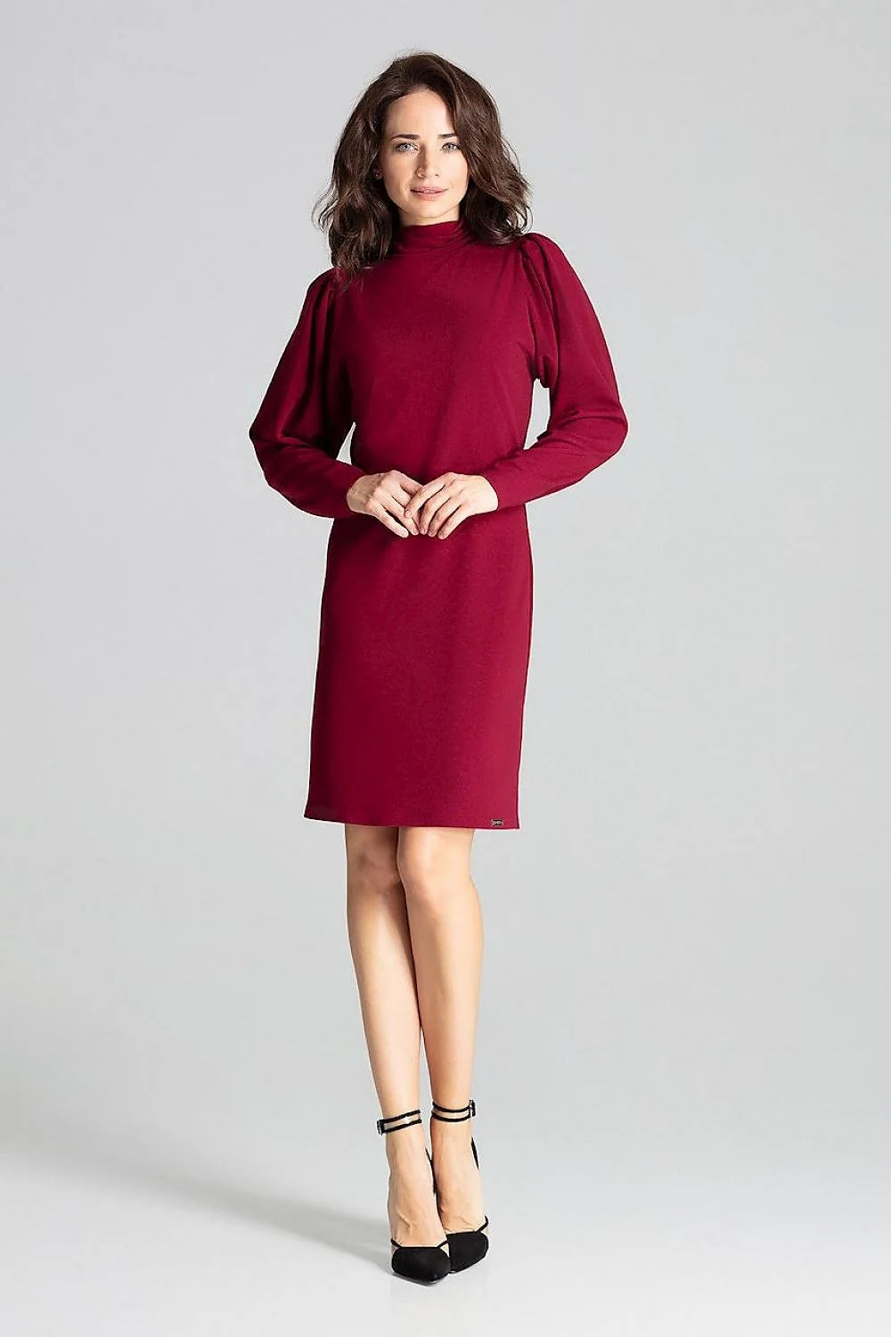Robe élégante en polyester gris clair manches longues col montant style formel minimaliste femme