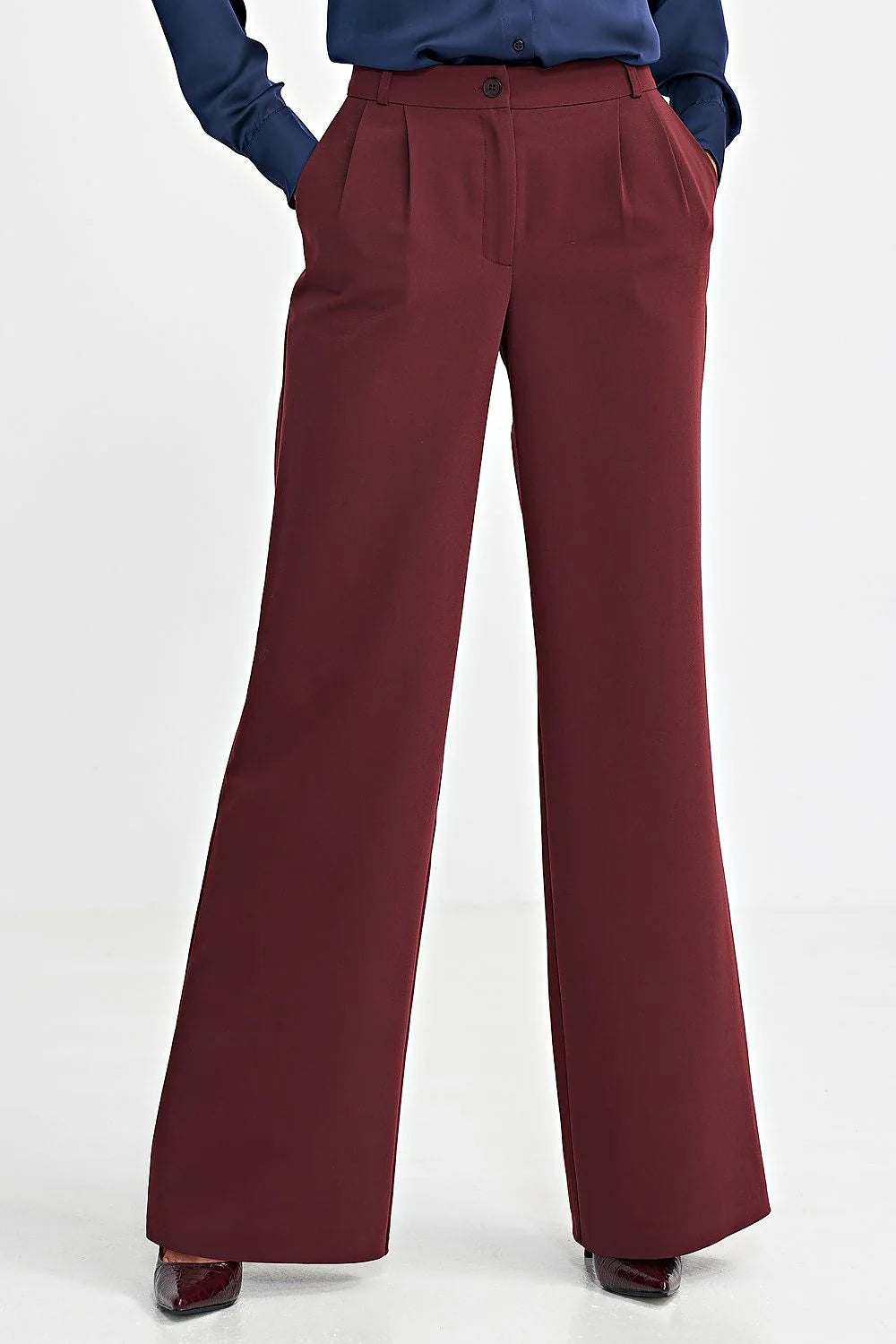 Pantalon femme couleur bordeaux large fit high waist front plis poches latérales polyester elasthanne occasion formelle