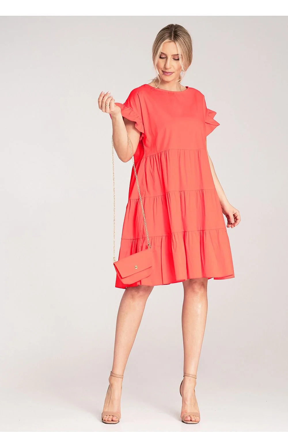 Robe de jour estivale mini à volants évasée couleur corail en coton 98% elastane 2% pour femme élégante occasion décontractée ou semi-formelle