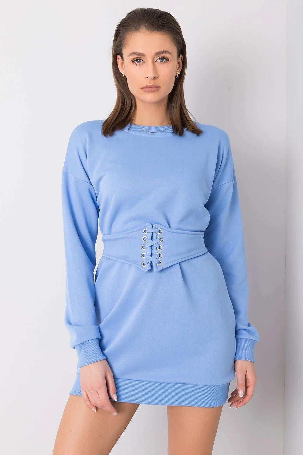 Robe de jour en coton gris, ceinture ajustable, manches longues, encolure ronde, coupe cintrée, longueur mi-cuisse, femmes