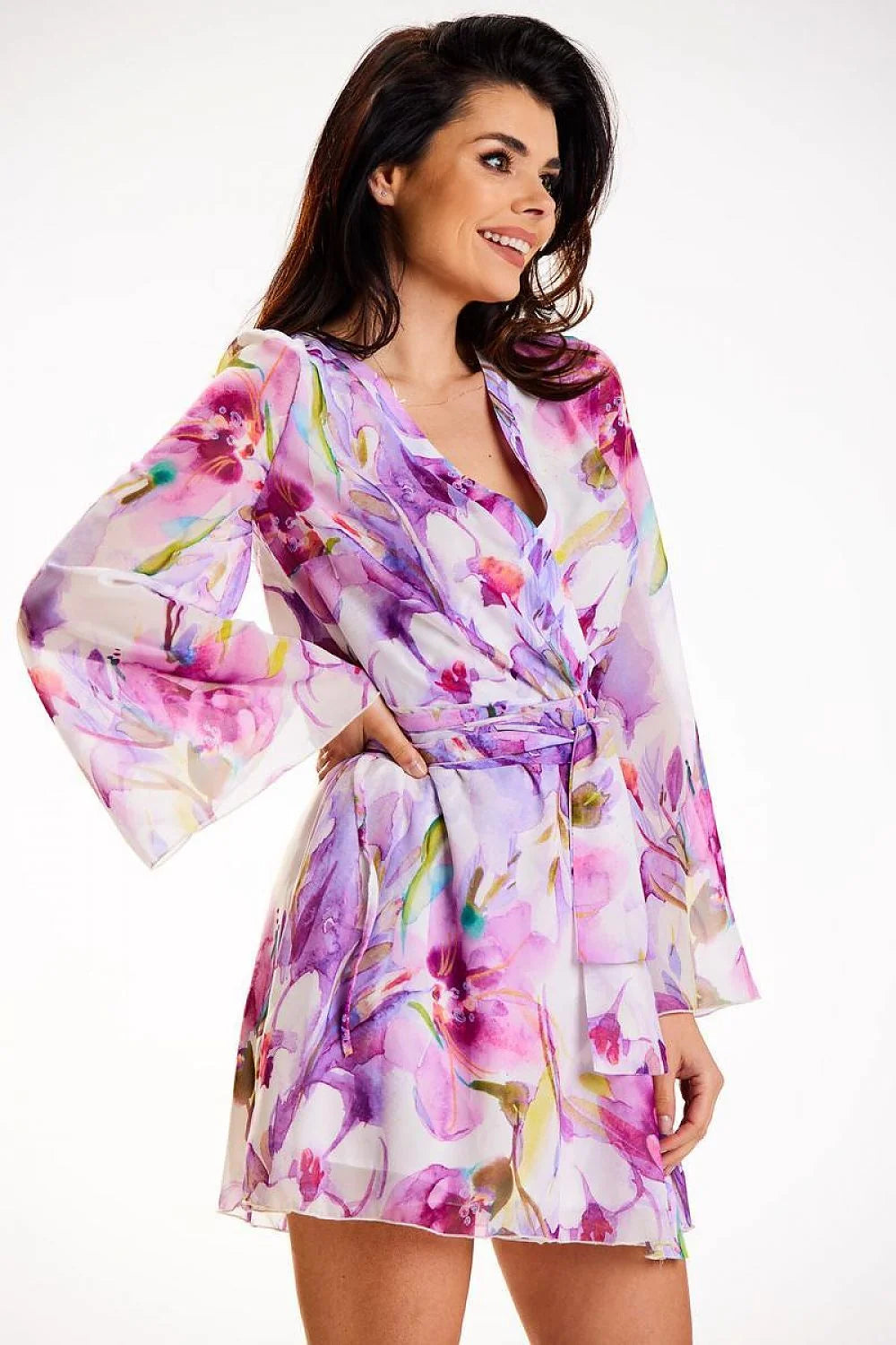 Robe awama élégante en mousseline floral violet rose veste longue poitrine ajustable occasion printanière été