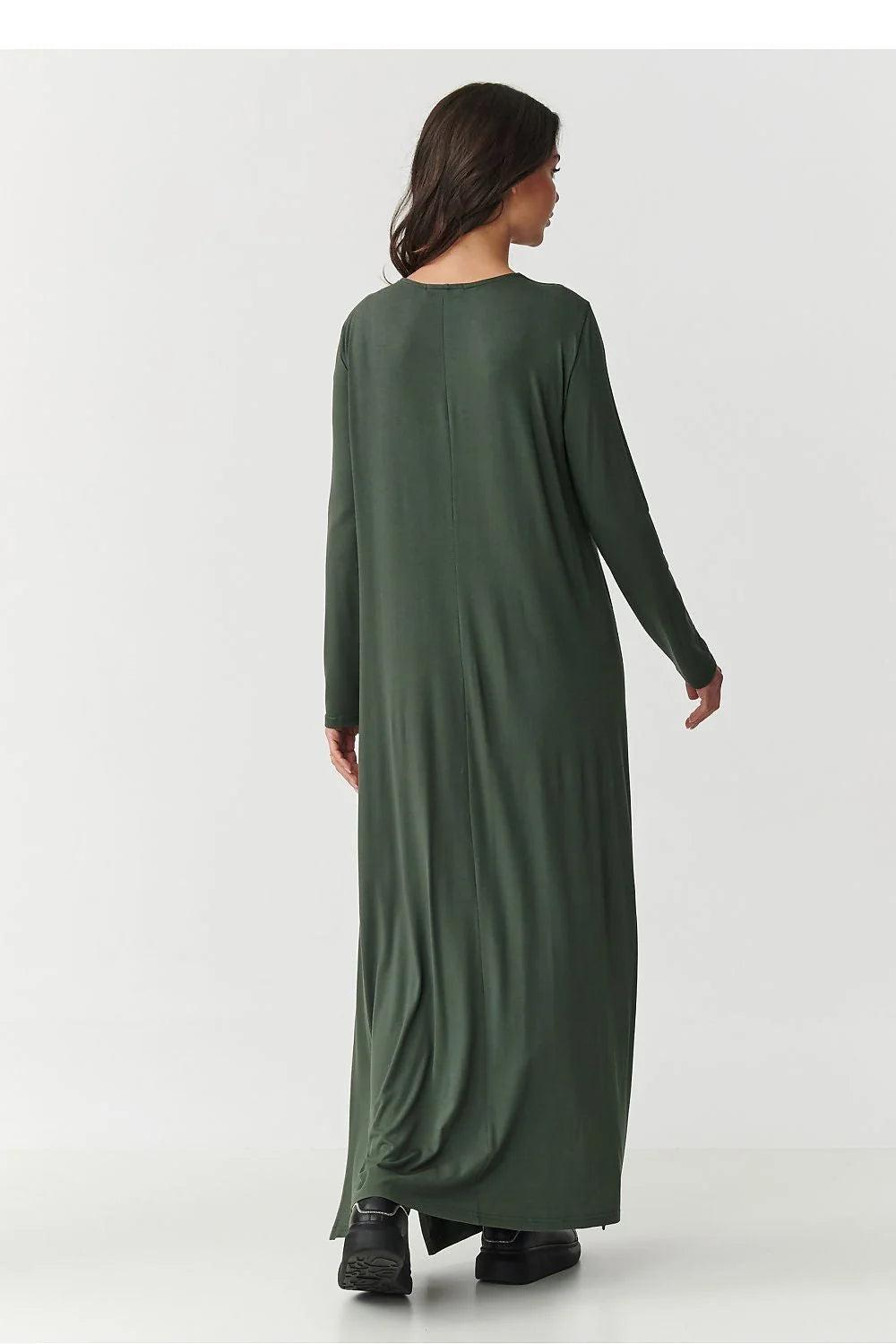 robe longue maxi femme viscose élasthanne stretch fluide drapé décolleté V manches longues coupe évasée fentes latérales confort minimaliste élégant