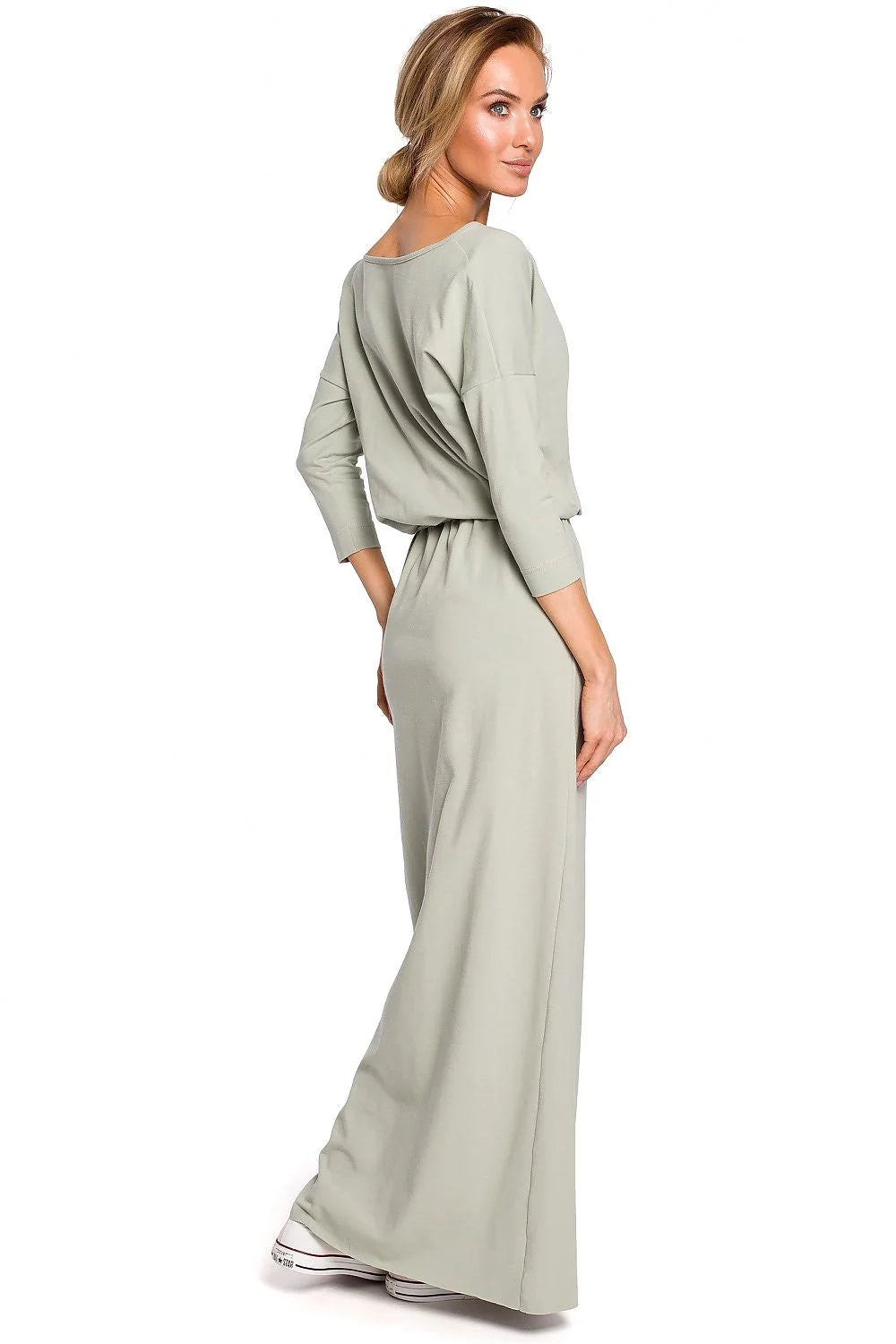 Robe de jour Moe longue manches 3/4 coupe droite coton élasthanne ceinture assortie femme tailles S/M à 2XL/3XL
