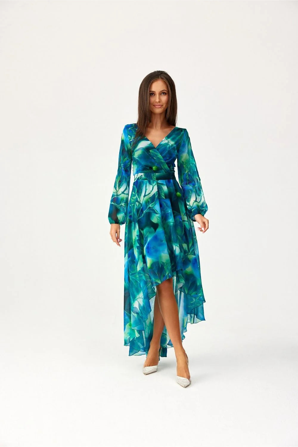 Robe féminine asymétrique longue manches bouffantes motif aquarelle bleu vert turquoise style bohème chic femme