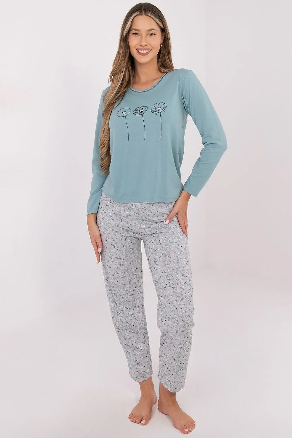pyjama femme coton doux respirant confortable élégant ensemble haut manches longues fleurs tracé noir pantalon jambes droites cheville micro imprimé