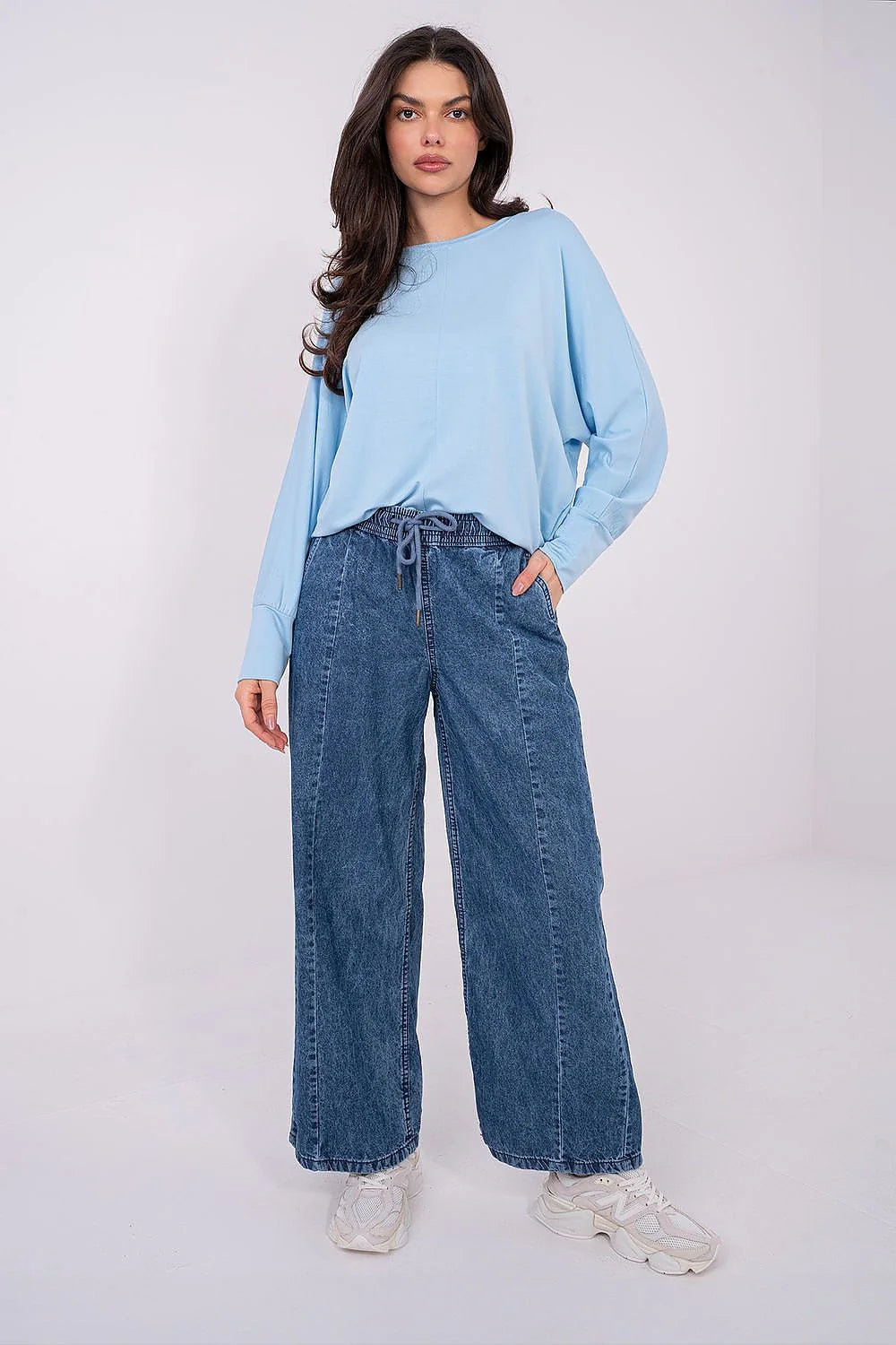 chemisier femme bleu ciel oversized jersey doux modal élasthanne manches longues dolman encolure ronde fluide ample minimaliste patch