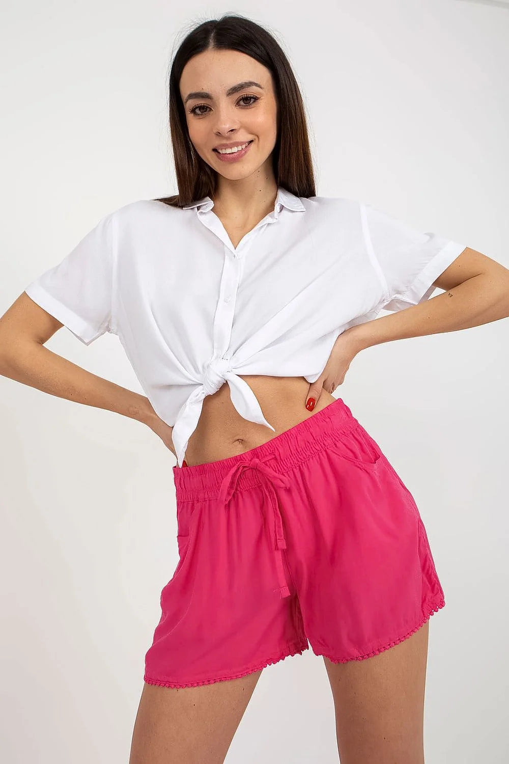 Ensemble féminin été chemise blanche short rose vif taille élastique confortable style casual été femme