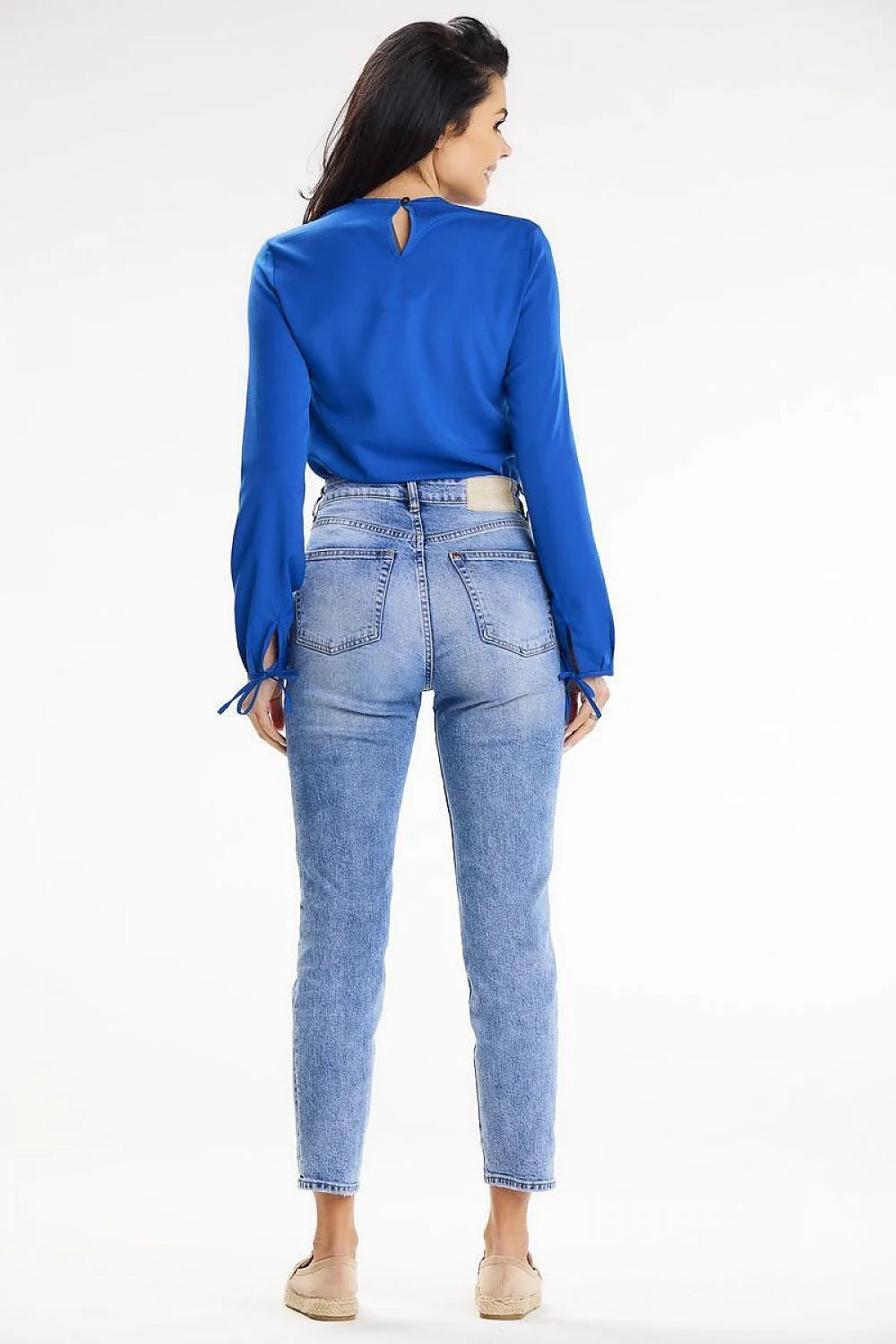 chemisier awama manches longues nouées polyester elasthanne bleu intense ajusté femme col rond fente décorative poche boutons dos
