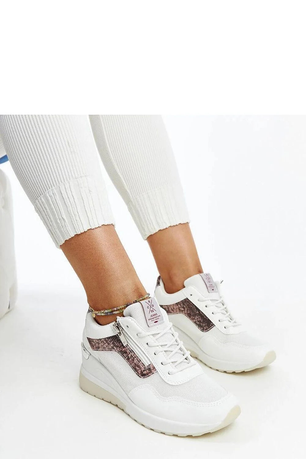 baskets blanches femme sportchic cuir synthétique serpenté marron beige mesh texturé cheville plateforme crantée semelle épaisse confortable lacets métalliques zippées