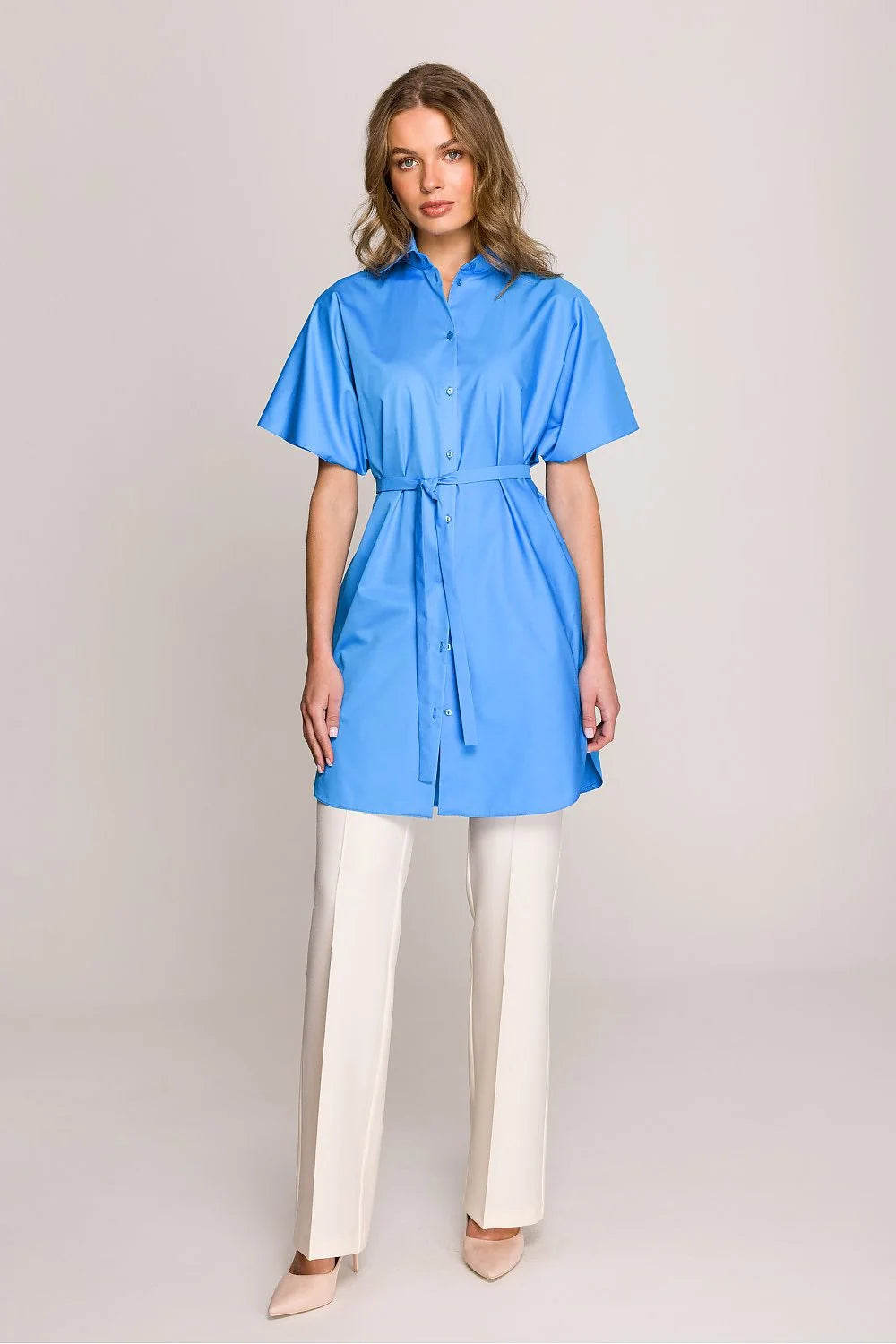 Chemise manche courte Stylove robe-shirt femme coton polyester bleu vibrant style oversize col chemise boutons intégrés ceinture incluse