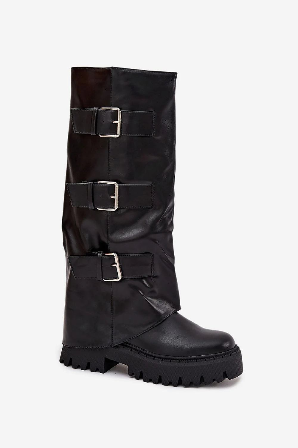 bottes mi mollet femme effet cuir synthétique noir biker chunky semelle plateforme crantée antidérapante sangles réglables boucles métal
