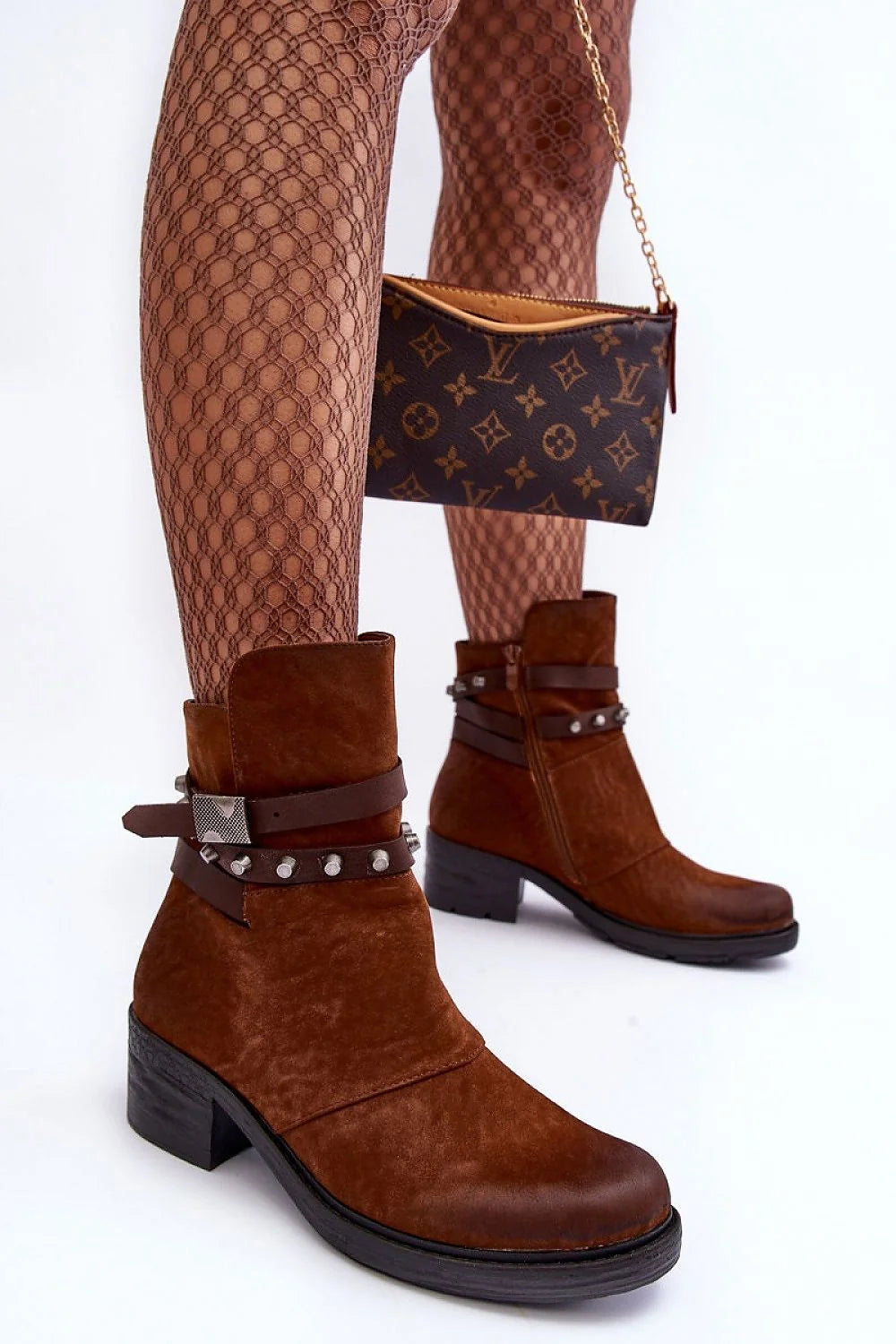 Bottines féminines en cuir artificiel marron terre Sienna, talon épais 5.5 cm, design robuste et chic avec boucles métalliques, taille ajustable pour femmes