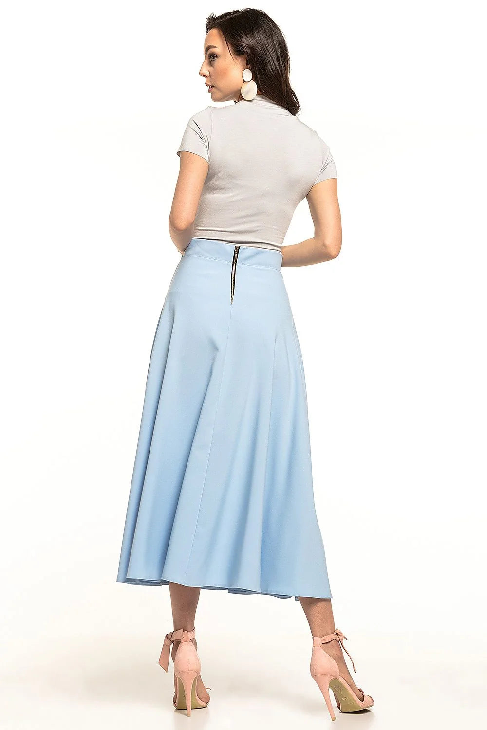 jupe circulaire rétro années1950 polyester élasthanne bleu pastel taille haute cintrée évasée midi tombé fluide drapé zippée dos élégante féminine