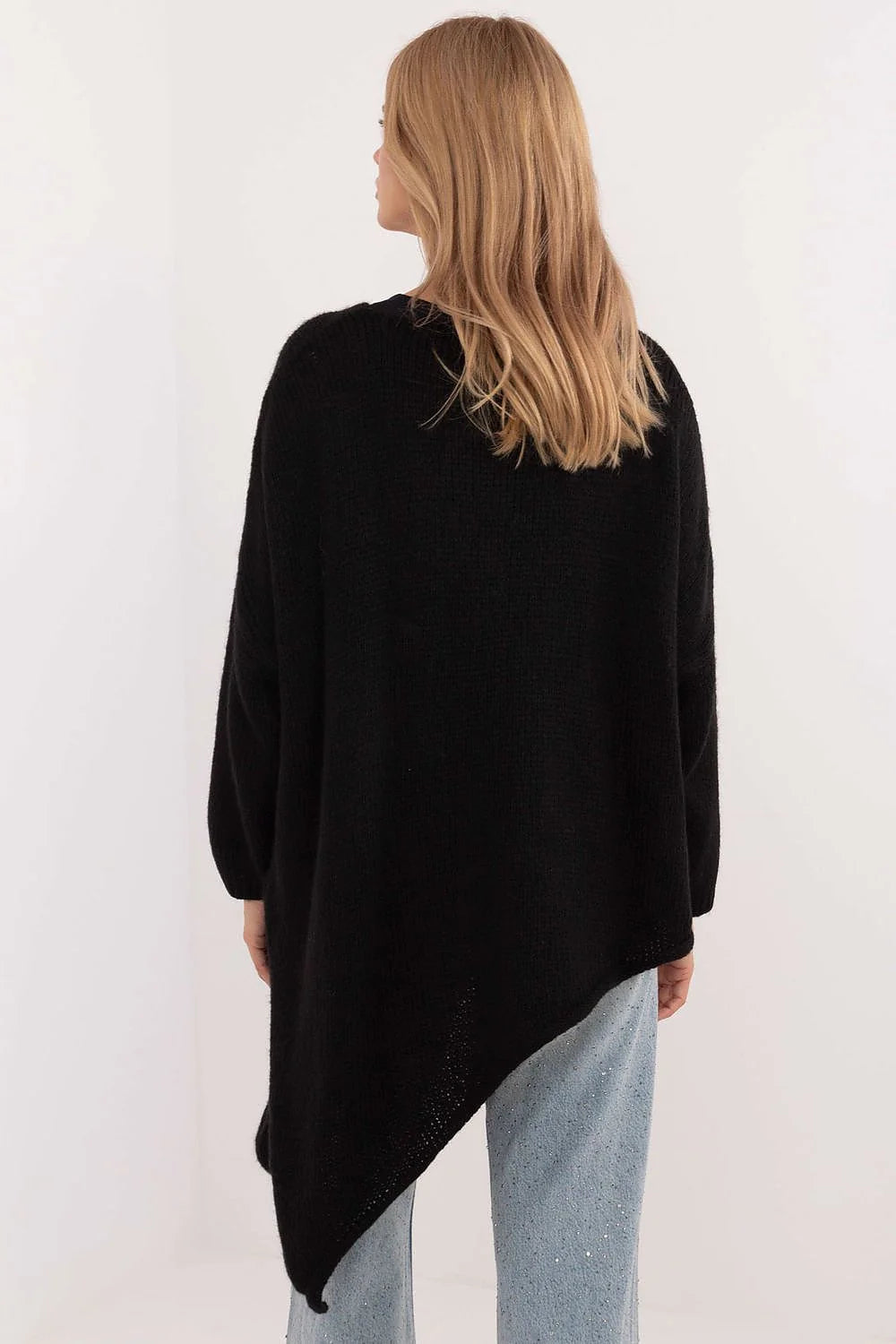 Pull femme moderne asymétrique maille noire longues manches encolure V coupe asymétrique matériau mixte acrylique viscose laine polyamide