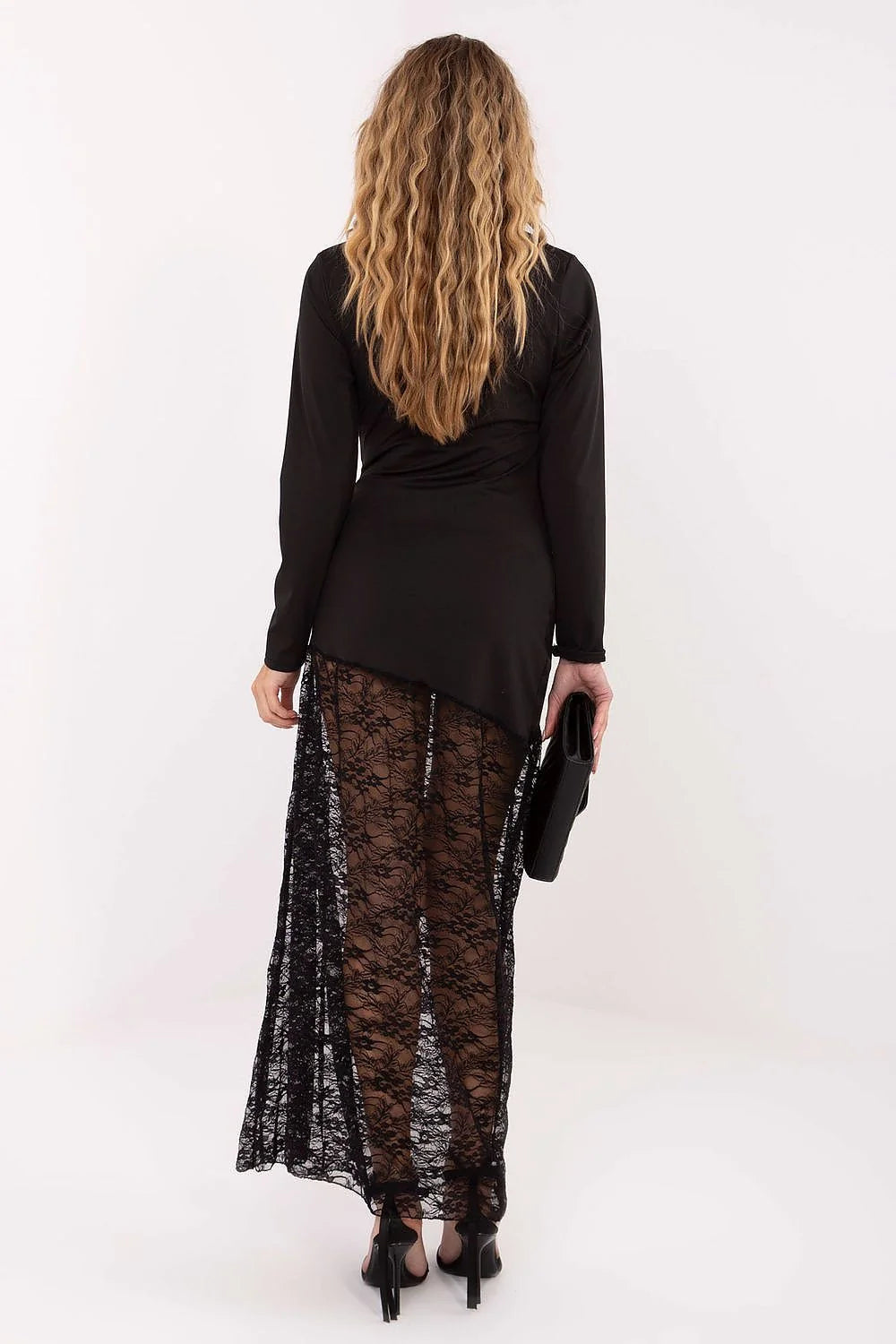 robe longue noire crayon maxi ajustée stretch polyester elasthanne encolure bateau manches longues dentelle florale transparente