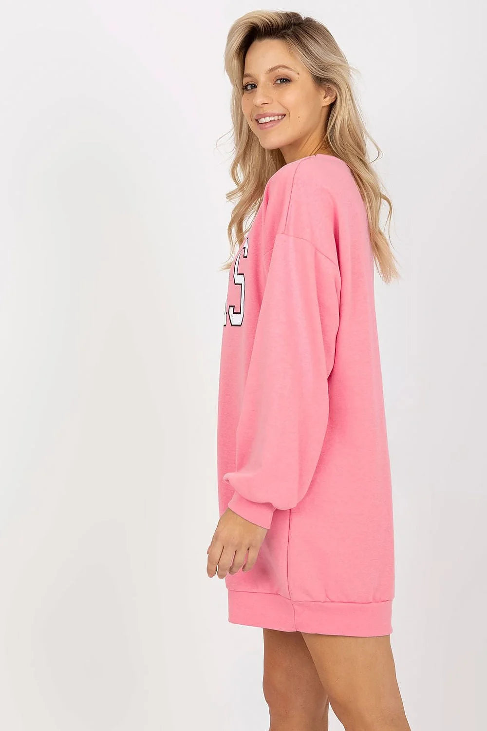 sweatshirt oversize rose bonbon coupe longue robe sweat col rond imprimé TEXAS blanc contour noir manches bouffantes poignets côtelés poches