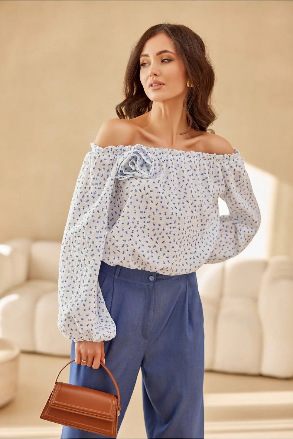 Chemisier style espagnol manches longues bouffantes élastique poignet rose décorative 100% coton taille ajustable femmes mode printanière soirée été