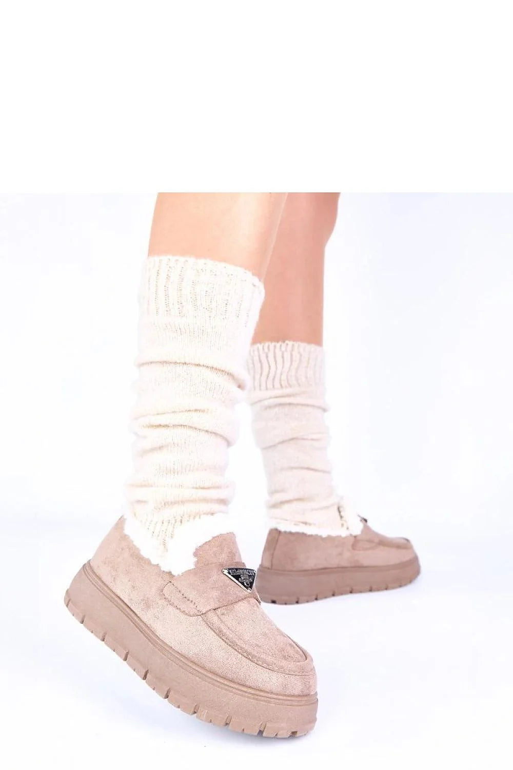 mocassins femme beige foncé plateforme doublure fourrure sherpa suédine semelle crantée antidérapante compensée 4cm confort chaleur minimaliste