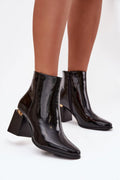 bottines cheville femme cuir verni noir bout pointu brillante talon bloc géométrique insert doré zippée semelle