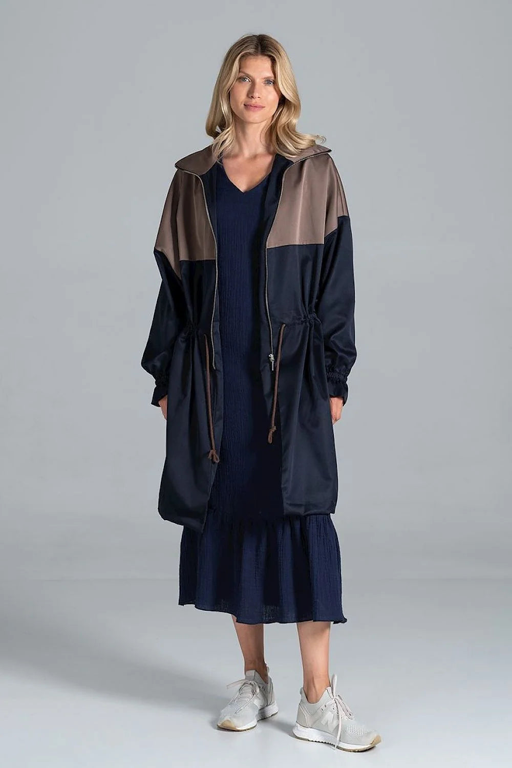 Manteau femme polyester bicolore gris clair beige long élégant urbain capuche mi-saison mode automne